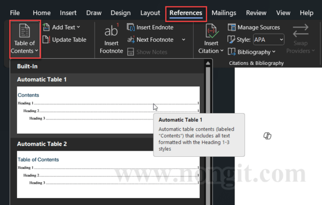 รูปภาพหน้าจอการแทรกสารบัญอัตโนมัติ word