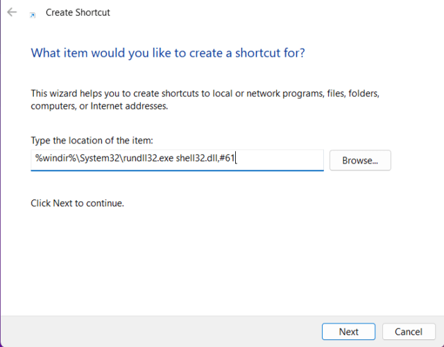 หน้าต่าง Create Shortcut ของ Windows แสดงการใส่ path %windir%\System32\rundll32.exe shell32.dll,#61 เพื่อสร้างปุ่มลัด Show Desktop ใหม่
