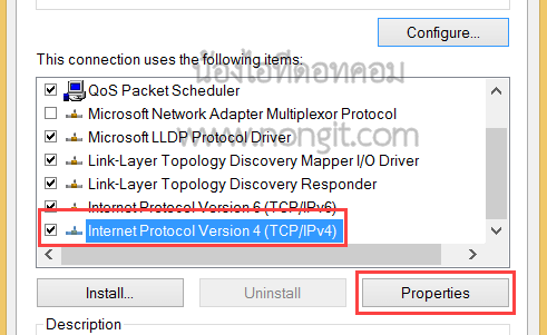 การเลือก Internet Protocol Version 4 (TCP/IPv4) ในหน้าต่าง Connection Properties ของ Windows