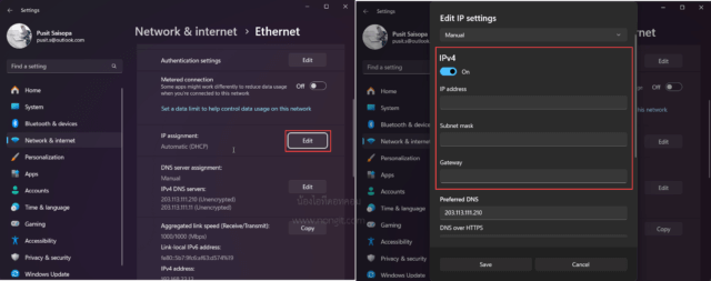 ตัวอย่างหน้ากรอก Static IP Address, Subnet prefix length, Gateway และ DNS ใน Settings Windows 10/11