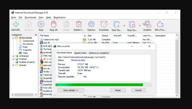 หน้าจอหลักของโปรแกรม Internet Download Manager แสดง download queue และสถานะการดาวน์โหลดไฟล์