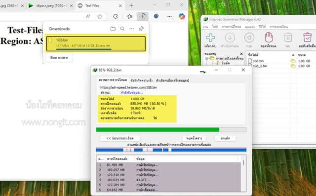 กราฟเปรียบเทียบความเร็วดาวน์โหลดไฟล์ขนาด 1GB ระหว่าง IDM และ browser ปกติ