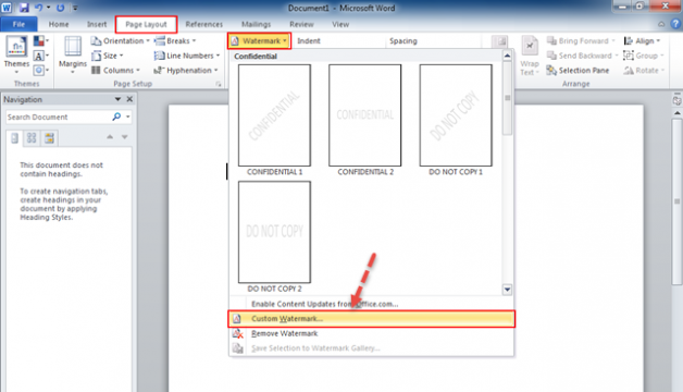 หน้าต่าง Custom Watermark ใน Word แสดงตัวเลือกการใส่ Text watermark หรือ Picture watermark สำหรับเอกสาร