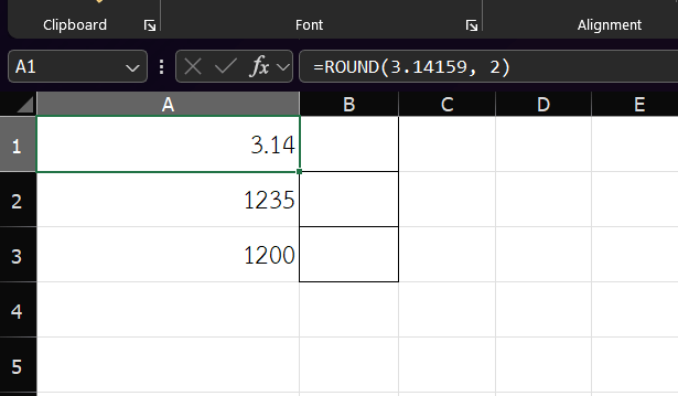 หน้าต่างการใช้ฟังก์ชัน ROUND สำหรับปัดเศษตัวเลขใน Excel