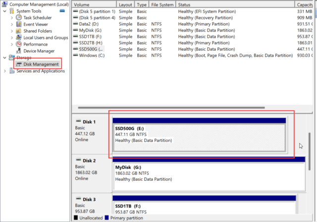 หน้าต่างโปรแกรม Disk Management บน Windows แสดงรายการไดรฟ์และ partition ทั้งหมดในเครื่องคอมพิวเตอร์