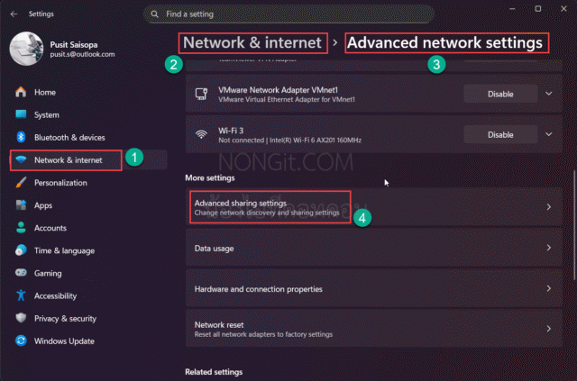 การเข้าถึง Advanced sharing settings ใน Windows 11 24H2 เพื่อเปิดแชร์ปริ้นเตอร์