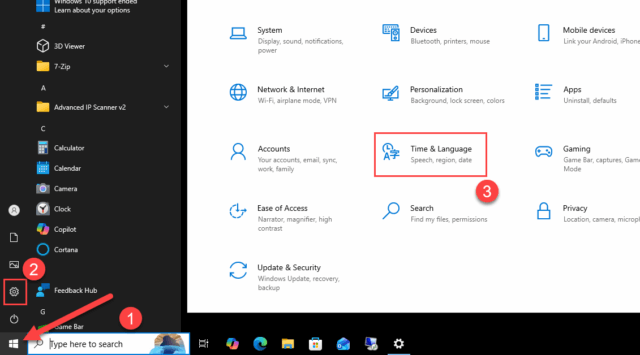 เปิดเมนู Time and Language ใน Windows 10 Settings