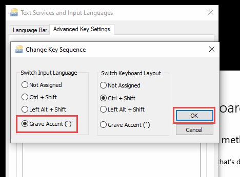 เลือก Grave Accent สำหรับปุ่มเปลี่ยนภาษา Windows 10