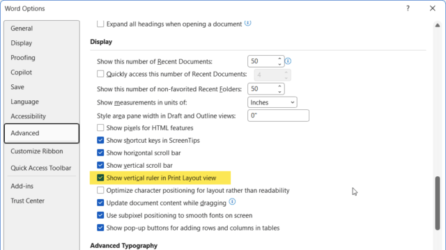 วิธีแก้ปัญหาไม้บรรทัดแนวตั้ง Word ไม่แสดง ผ่าน Word Options Advanced