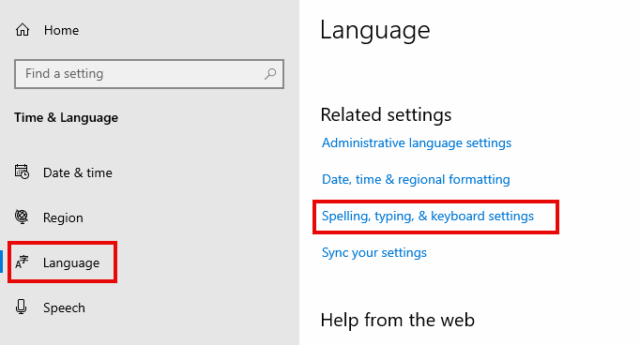 คลิก Typing หรือ Spelling typing and keyboard settings ใน Windows 10