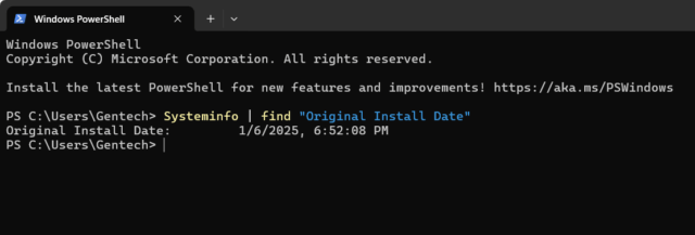 หน้าต่าง Command Prompt แสดงผลลัพธ์ Original Install Date ของ Windows