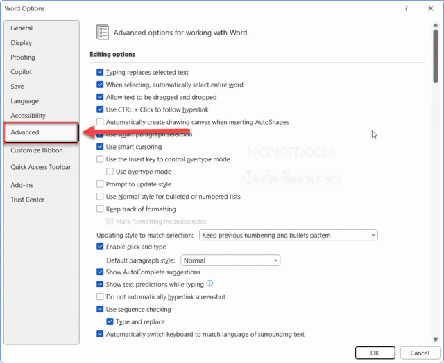 การเลือกเมนู Advanced ในหน้าต่าง Word Options