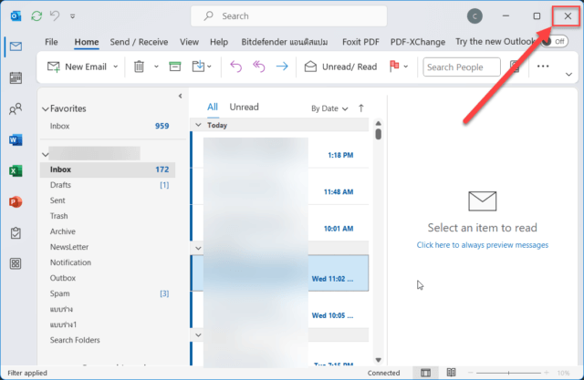 ปิดโปรแกรม Microsoft Outlook ก่อนเริ่มขั้นตอนย้าย Outlook Data File