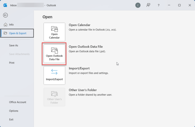 เมนูสำหรับเปิด Outlook Data File หลังจากย้าย Outlook ไปเครื่องใหม่