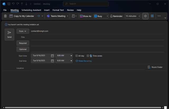 หน้าต่างสำหรับสร้างการนัดประชุม Outlook พร้อมช่องให้กรอกข้อมูลสำคัญ