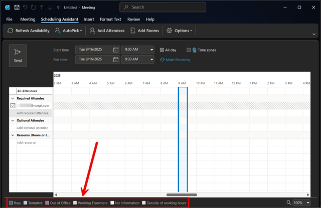 เครื่องมือ Scheduling Assistant ที่ช่วยในการนัดประชุม Outlook แสดงตารางว่างของผู้เข้าร่วม