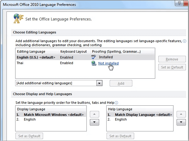 ข้อความแจ้งเตือน Not installed ใน Office 2010 Language Preferences