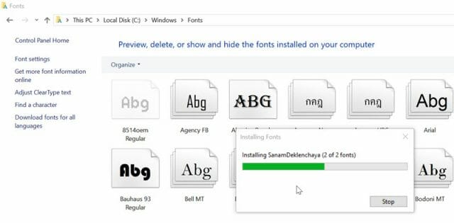 รูปตัวอย่างที่ 4 ติดตั้งฟอนต์ windows 10