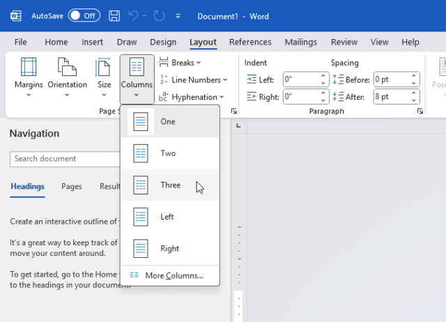 ตัวเลือกการแบ่งคอลัมน์ Word แบบสำเร็จรูป 2 หรือ 3 คอลัมน์