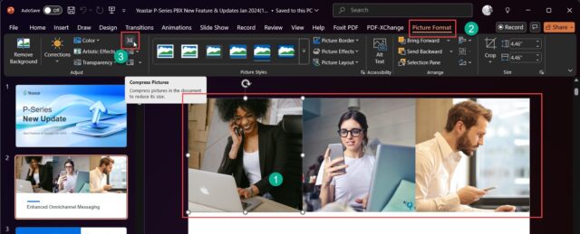 ขั้นตอนแรกในการย่อไฟล์ PowerPoint คือการใช้ฟังก์ชัน Compress Pictures ในเมนู Picture Format