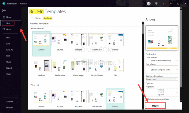 ขั้นตอนการเลือกเทมเพลตโบรชัวร์และแผ่นพับในโปรแกรม Microsoft Publisher