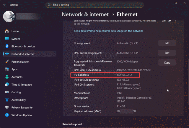 ขั้นตอนการดู IP Address ของการเชื่อมต่อสาย LAN บน Windows 11