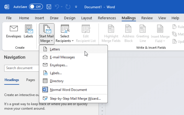 เริ่มต้นวิธีทําจดหมายเวียน Word ด้วยการเลือกประเภทเอกสารเป็น Letters