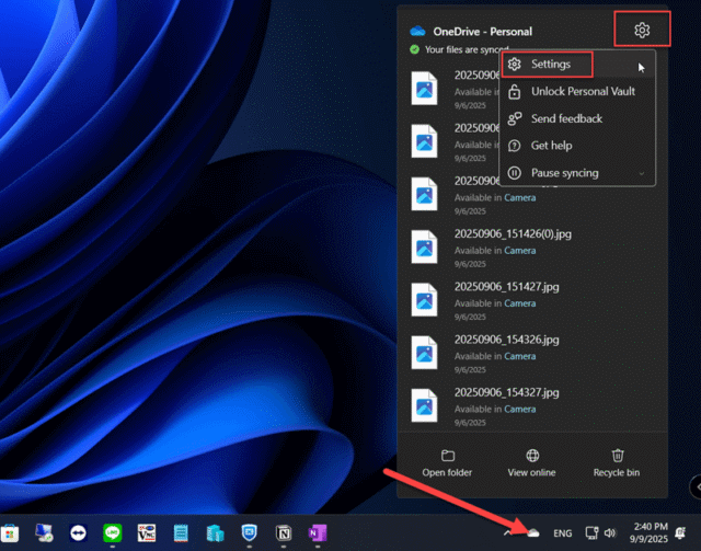 การเข้าถึงเมนู Settings ของ OneDrive เพื่อเริ่มต้นการสำรองข้อมูล