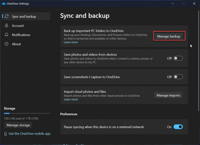 การคลิกปุ่ม Manage backup ในการตั้งค่า onedrive windows 10 และ 11