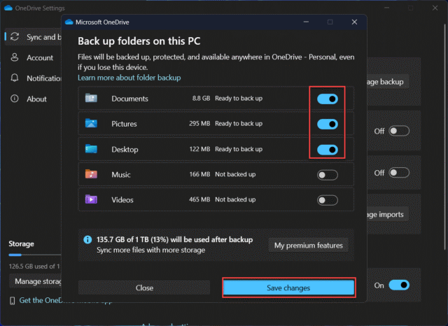เลือกโฟลเดอร์ Desktop, Documents, Pictures เพื่อเริ่มการสำรองข้อมูล OneDrive