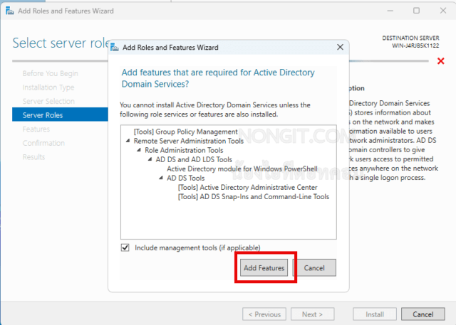 หน้าจอ Confirmation ใน Add Roles and Features Wizard ของ Windows Server 2025