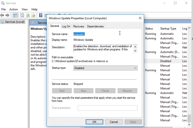 disable windows update service