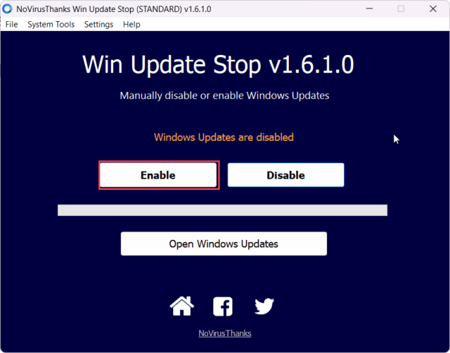 วิธีเปิดใช้งาน Windows Update กลับมาใหม่ด้วยปุ่ม Enable ใน Win Update Stop