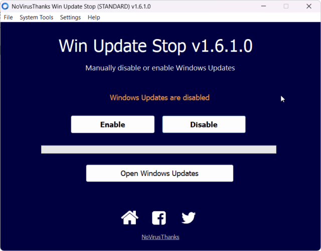 หน้าตาโปรแกรม Win Update Stop สำหรับปิดการอัพเดต Windows 10 และ Windows 11
