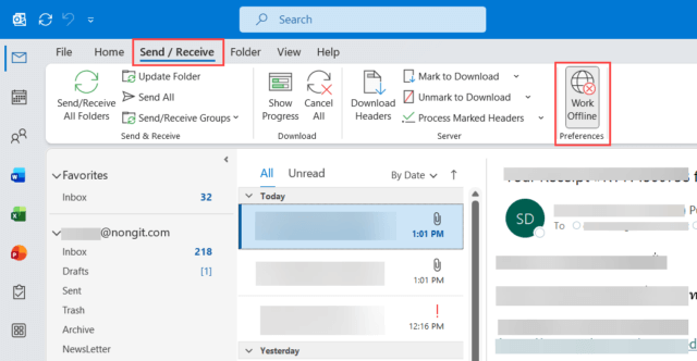 ปุ่ม Work Offline ในแถบเมนู Send / Receive ของ Microsoft Outlook