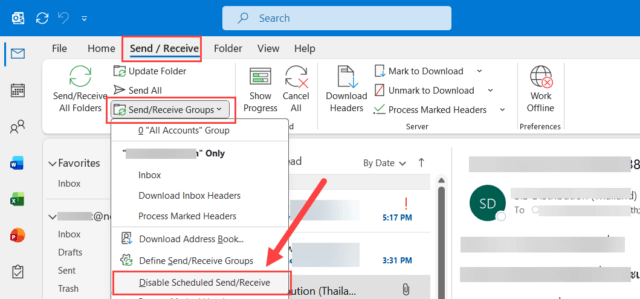 วิธีปิด Disable Scheduled Send/Receive ใน Outlook เพื่อแก้ปัญหาเมลไม่อัพเดท