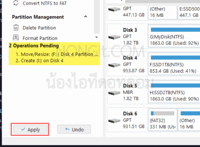 คลิก Apply เพื่อเริ่มกระบวนการแบ่งพาร์ทิชันด้วย MiniTool Partition Wizard