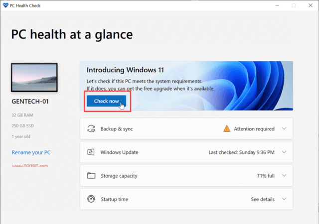 Check now Windows PC Health Check