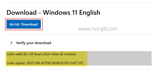 รูปภาพหน้าจอการคลิกปุ่ม 64-bit Download Windows 11 จากเว็บ Microsoft
