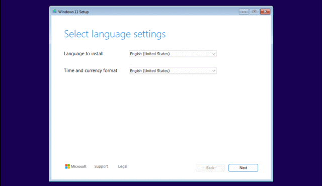 หน้าจอเลือกภาษาในการติดตั้ง Windows 11