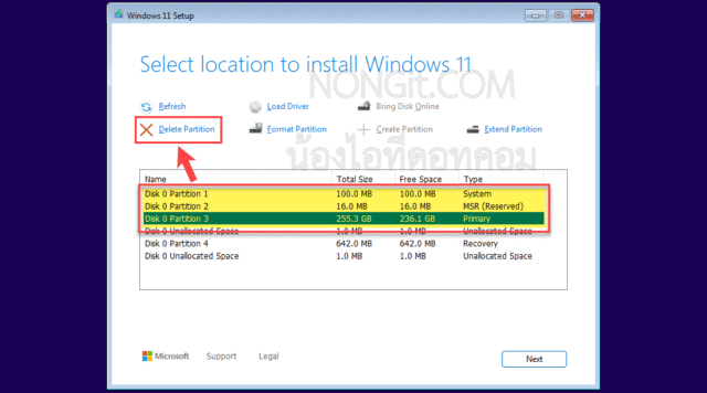 การลบพาร์ติชันเก่าในหน้าติดตั้ง Windows 11