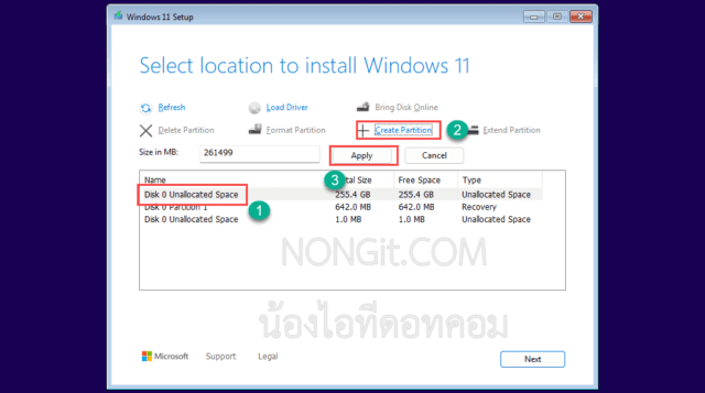 กด Create Partition เพื่อสร้างพาร์ติชันสำหรับลง Windows 11