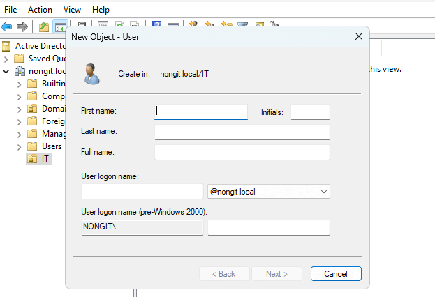 การตั้งค่าชื่อและ User logon name สำหรับผู้ใช้ใหม่ใน AD
