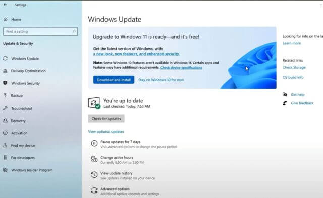 ตัวเลือก Windows 11 update ในหน้าการตั้งค่าเพื่อเริ่มการอัปเกรด Windows 10 เป็น Windows 11