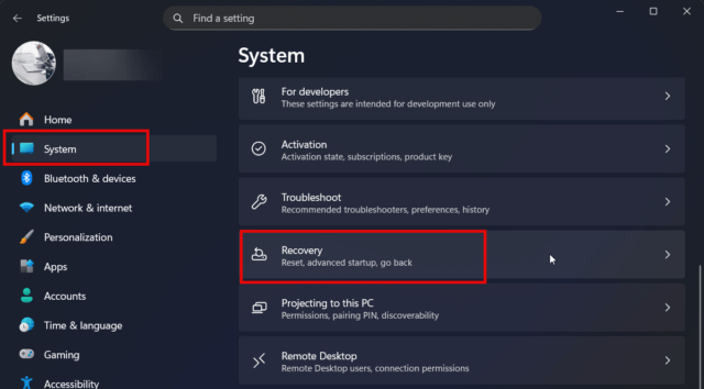 การเข้าถึงเมนู Recovery ใน Settings เพื่อเริ่มต้นการรีเซ็ต Windows 11