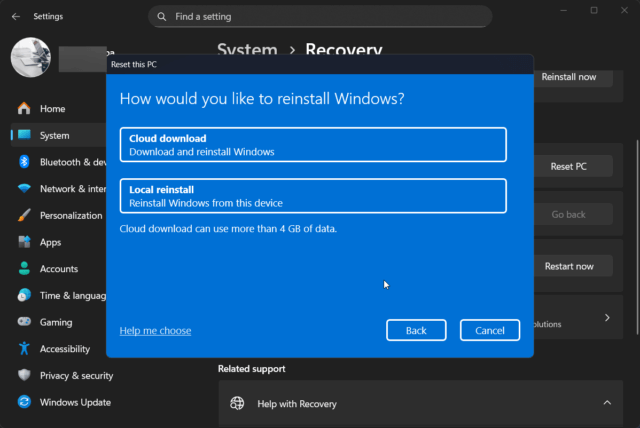การเลือกวิธีติดตั้ง Windows 11 ใหม่ระหว่าง Cloud download และ Local reinstall