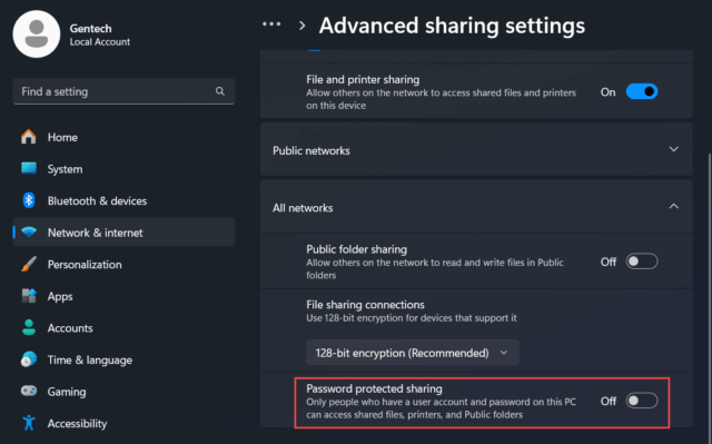 All network (เครือข่ายทั้งหมด) และ Password protected sharing (การใช้ร่วมกันที่มีการป้องกันด้วยรหัสผ่าน)