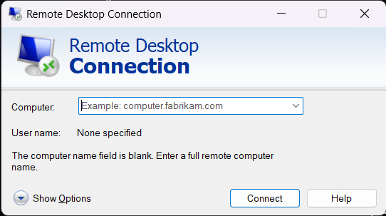 หน้าต่าง Remote Desktop สำหรับเชื่อมต่อจากระยะไกลใน Windows 11 Pro