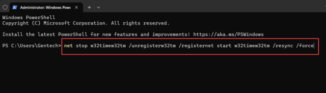 ภาพแสดง Command Prompt กับคำสั่ง net stop w32timew32tm /unregisterw32tm /registernet start w32timew32tm /resync /force