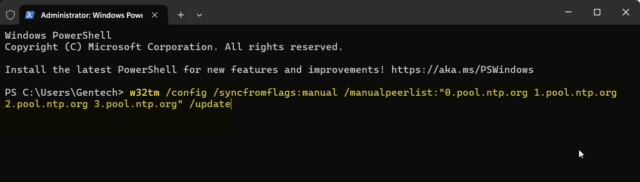 ภาพแสดง Command Prompt กับคำสั่งเปลี่ยนเซิร์ฟเวอร์เวลา w32tm /config /syncfromflags:manual /manualpeerlist:"0.pool.ntp.org 1.pool.ntp.org 2.pool.ntp.org 3.pool.ntp.org" /update
